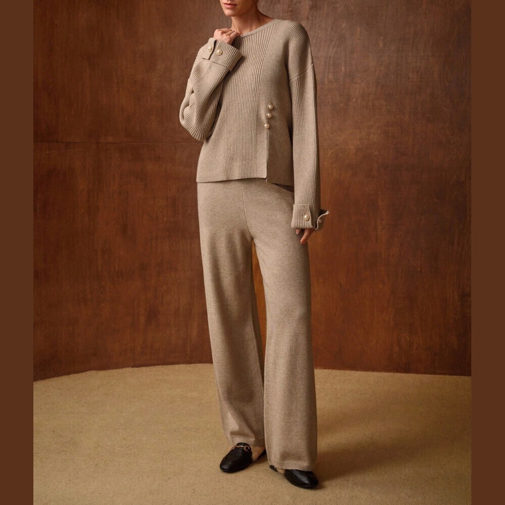 Tan Ribbed Knit Pearl Trim Sweater and Wide Leg Pants Pantsuit Lounge Set
